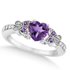 Butterfly Amethyst & Diamond Heart Engagement Ring 14K W Gold 1.28ct Purple Engagement Rings, Butterfly Engagement Ring, Shell Jewellery, Heart Engagement, Diamond Sapphire Engagement Ring, Sapphire Diamond Engagement, Amethyst Ring Engagement, Jewelry Tips, Rings Accessories