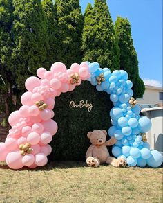 a teddy bear sitting in front of a balloon arch