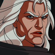 an animated image of a man with white hair and blue eyes looking off into the distance