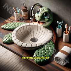 a turtle shaped bathroom sink sitting on top of a wooden counter next to toothbrushes