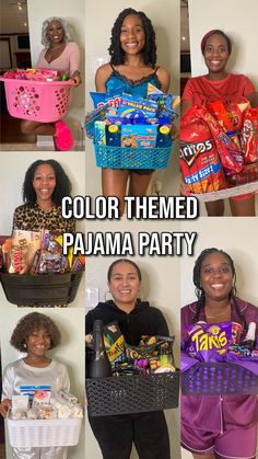 several different pictures of women in costumes holding food and candy bags with the words color themed pajama party written on them