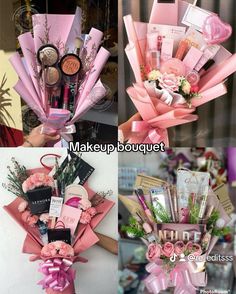 four different pictures of flowers and cosmetics