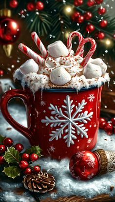 a red mug filled with hot chocolate and marshmallows on top of snow