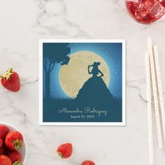 a card with the silhouette of a woman sitting on top of a hill in front of a full moon