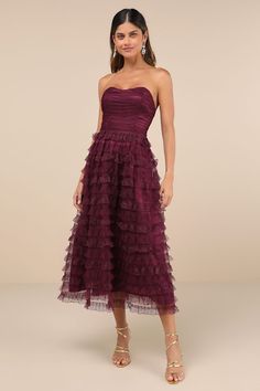 Tulle Lace Dress, Sweetheart Strapless Dress, Purple Tulle, Tiered Dresses, Purple Midi Dress, Adhesive Bra, 20th Birthday, Tiered Midi Dress, Tulle Lace