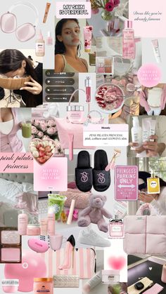 a collage of pink and white items