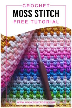 the crochet moss stitch is being used to make a colorful afghan with yarn