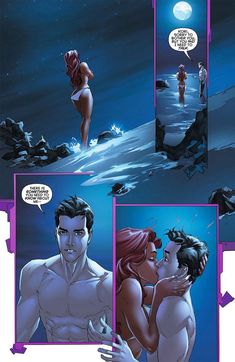 a comic strip with an image of a man and woman kissing in the water at night