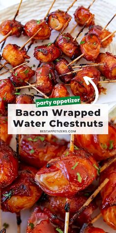 bacon wrapped water chestnuts on skewers with the title party appetizer