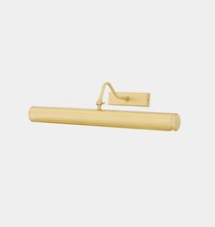 a brass colored wall light with a long arm and two lights on each end,