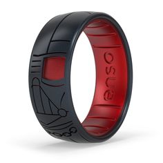 a black and red ring with an image of a man on it