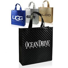 Laminated tote bags personalized with your logo design. Non-woven tote bags with pleated design everyone will love. Free Shipping! Modern Gold Square Bag, Metallic Rectangular Travel Bag, Luxury Metallic Bags For Shopping, Gold Square Shopping Bag, Luxury Metallic Shopping Bags, Silver Square Bag For Shopping, Silver Square Bags For Shopping, Silver Rectangular Shopping Bag, Silver Square Shopping Bag