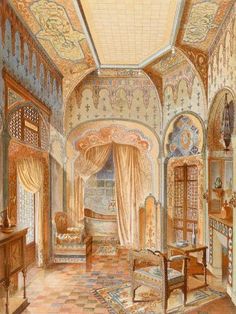 this is a drawing of a bedroom in an old fashioned house with ornate walls and flooring