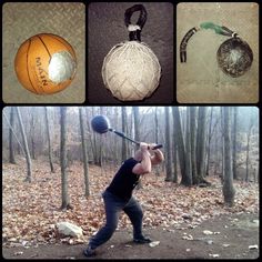 four different pictures of various items in the woods, including a basketball and an ornament