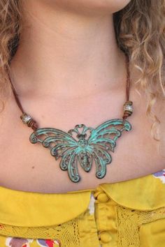 "Make a bold style statement with this large verdigris butterfly necklace! Wear it with brown, mustard yellow, cream lace or simply with a denim jacket and be the most stylish girl in town! This adjustable necklace features an oversize brass butterfly, expertly hand-aged with a verdigris patina. The lightweight pendant hangs from two lengths of butter-soft, genuine leather cord, adorned with both antiqued brass and silver components. It is finished in the back with an \"S\" clasp and antiqued br Patina Jewelry, Artisan Jewelry Handmade, Gold Bar Necklace, Minimalist Gifts, Chain Choker Necklace, Chic Jewelry, Butterfly Necklace, Lovely Jewellery, Adjustable Necklace