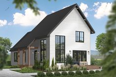 this is a computer rendering of a modern house in the country side with lots of windows