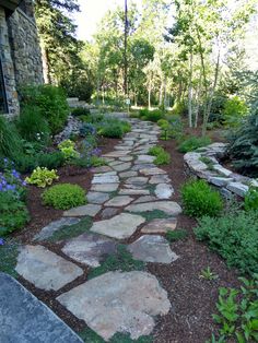 a stone path in the middle of a garden