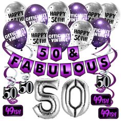 PRICES MAY VARY. What better way to celebrate your 50th than with our hand strung, premium quality 50 & FABULOUS banner, balloon and swirl pack. This pack is the perfect decoration to add a touch of classy decor and welcome your guests to the occasion. PACK: Pack includes "50" Silver Balloons (40"/100cm), 1 Banner, 6 Metallic Purple OFFICIALLY VINTAGE & 6 Metallic Silver HAPPY 50th latex balloons (12"/30cm), and 6 silver and purple shiny swirls. SIZE: The letters are printed on each 8 x 6 inch / Silver Happy Birthday, 50 Fabulous Birthday, 50th Birthday Banner, Silver Balloons, 40th Birthday Party Decorations, Birthday Party Packs, Happy Birthday Bunting, 50th Birthday Decorations, Glitter Banner