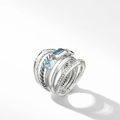 Sterling silver • Hampton blue topaz and blue topaz • Pavé diamonds, 0.17 total carat weight • Ring, 15mm Wide Diamond Rings, Petite Jewelry, Women's Rings, Wide Ring, Wide Rings, London Blue Topaz, London Blue, High Jewelry, David Yurman