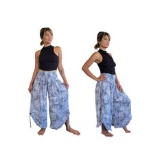 These tropical print pants with pockets are perfect for any occasion. Whether you're at the beach, festival or just lounging around, these pants will give you that cool funky super relaxed feeling. Made from 100 percent super soft rayon fabric, the pants are one size with a stretchy elastic waistband and ruffle bottom with tie string that can be cinched up. These pants will fit sizes small up to 2XL comfortably. For reference the model in the photo is 5 feet 2 inches. Please contact us if you have any questions. Pants length- 35 inches and will fit size small waist up to 2X. Material- 100% rayon. Hand wash in cold water separately and line dry. Hand made in Bali, Indonesia. Please note these are stock photos so there may be subtle differences in the item you receive. Please contact us if y Summer Beach Harem Pants With Pockets, Casual Harem Pants For Beach Vacation, Casual Relaxed Fit Harem Pants For Beach, Tropical Beach Bottoms With Pockets, Tropical Bottoms With Pockets For Summer, Summer Harem Pants With Pockets For Vacation, Summer Vacation Harem Pants With Pockets, Tropical Style Summer Bottoms With Pockets, Casual Harem Pants With Elastic Waistband For Vacation