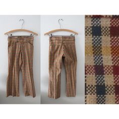 "Vintage 70s boy's plaid bell bottom pants. Details: - zip fly, snap button closure - 2 side pockets, 1 back pocket - bell bottom flared legs - plaid print - belt loops - good pre-owned condition Billy the Kid Vintage boy's size 11 Measurements: - waist: 12.5\" / 25\" doubled - hips: 15\" / 30\" doubled - inseam: 25.5\" - rise: 8.5\" - across thigh: 9\" / 18\" doubled - across ankle: 9\" / 18\" doubled" Fall Flare Pants With Belt Loops, Vintage Flare Bottoms For Fall, Vintage Flare Pants For Fall, Retro Flare Pants For Fall, 70s Inspired Cotton Pants For Fall, Retro Flare Bottoms For Fall, Vintage Pants For Fall, Vintage Trousers For Fall, Vintage Brown Flare Bottoms