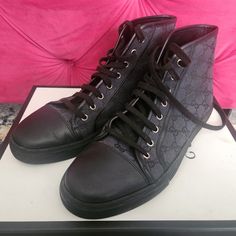 Black Gucci Monogram Sneakers Size 10. Like New In Box With Dust Bags And Extra Gucci Laces. Gucci Designer High-top Sneakers For Streetwear, Designer Gucci High-top Sneakers For Streetwear, Luxury Black Gucci High-top Sneakers, Gucci Black Lace-up High-top Sneakers, Designer Black Gucci High-top Sneakers, Gucci Black Lace-up Sneakers, Black Gucci Lace-up Sneakers, Designer Black Gucci Sneakers, Gucci Designer Sneakers For Formal Occasions