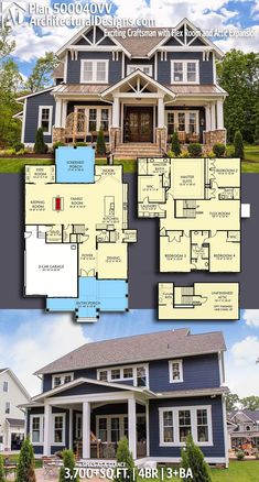 two story house plan with 3 bedroom and 2 bathrooms in the front, an open floor plan