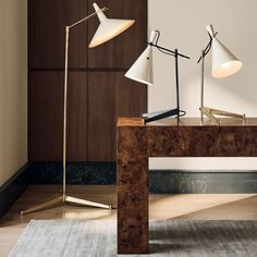 two lamps sitting on top of a wooden table next to a lamp holder and rug