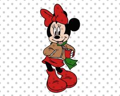 minnie mouse with a red bow on her head and holding a green bag in her hand