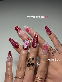 Nail Inspo Cherry, Blossoming Flower, Wine Nails, Beauty Of Flowers, Fall Nail Trends, Flower Nail Designs, Party Nails, Flower Nail, Oval Nails