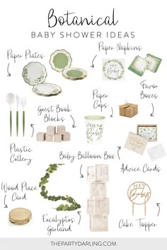 A collage of botanical baby shower party supplies and decorations. Featuring greenery and wooden details, our botanical party supplies work great for a gender-neutral baby shower. Olive Green Gender Reveal Ideas, Botanical Decorations Party, Plant Theme Gender Reveal, Botanical Party Decorations, Neutral Baby Shower Table Setting, Botanical Party Ideas, Natural Green Baby Shower Ideas, Safe Green Baby Shower Decor, Botanical Gender Reveal