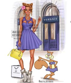 a drawing of a woman in a purple dress and yellow purse standing next to a building