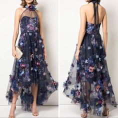 Marchesa Notte 3d Floral Shirred Halter Dress In Navy Size 6 Nwt Sold Out New With Tags! Attend Your Exclusive Movie Premiere Or Date Night On A Yacht In This Dreamy Halter Cocktail Dress With 3d Floral Appliqus, A Hi-Lo Design And An Open Back. Floral-Appliqud Gathered Floral-Print Tulle Gown. Step Out In This Floral-Print Number For Your Next Garden Party Or Summer Wedding Gown Floral-Print Tulle Floral Appliqus Grosgrain Trims Gathered Concealed Hook, Snap And Zip Fastening At Back Internal G Unique Cocktail Dresses, Marchesa Notte Dress, Summer Wedding Gowns, Marchesa Dresses, Marchesa Dress, Head Turning Dress, Sheer Lace Dress, On A Yacht, Halter Cocktail Dress