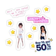 two stickers that say dress - up impress, but one is for $ 50 off