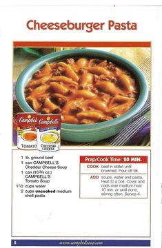 an advertisement for cheeseburger pasta with instructions on the front and back side in english