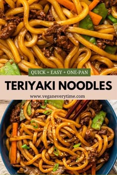 an image of some noodles in a bowl with the title overlay that reads quick and easy one - pan teriyaki noodles