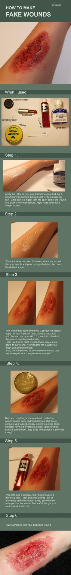 dont ask me why i pinned this..i just..thought it was something I might wanna know how to do xD Zombie Fx Makeup Tutorials, Sfx Burns Fx Makeup, How To Make Fake Wounds, Wound Makeup Face, Zombie Fx Makeup, Burn Makeup Special Effects, Wound Tutorial, Halloween Gore Makeup, Liquid Latex Makeup Ideas