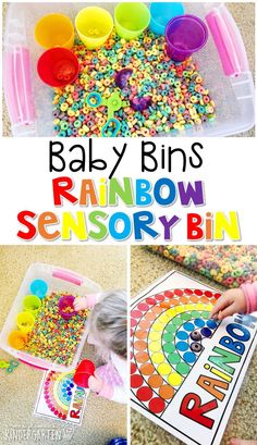 baby bins filled with rainbow colored beads and some sort of activity for toddlers