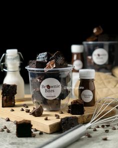 chocolate brownie bites in a glass bowl and some other ingredients