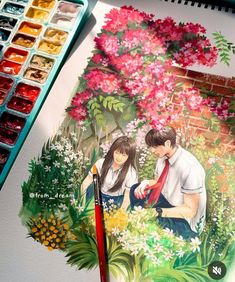 a painting of two people sitting next to each other in front of flowers and trees