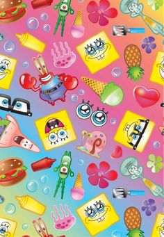 an image of cartoon characters and food on a pink background with bubbles in the air