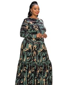 Silvestra Camo Tiered Maxi Dress | Olive Taupe Long Gowns, Plus Size Boutique, Camouflage Print, Khaki Dress, Women Midi, Knit Midi Dress