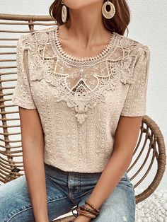 Guipure Lace Insert Eyelet Embroidery Blouse Apricot Casual  Short Sleeve Fabric Plain Top Slight Stretch  Women Clothing, size features are:Bust: ,Length: ,Sleeve Length: Lace Splicing, Embroidery Blouse, Lace Insert, Fabric Collars, Floral Pants, Khaki Color, Lace Pattern, Casual Blouse, Sleeve Detail