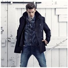 ... Cool Outfits For Teenage Guys, Mens Jean Jacket, Outfits For Teenage Guys, Teenage Guys, Double Denim, Denim Jacket Men, Mens Style, Fashion Mens, Pea Coat