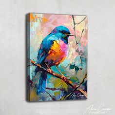 a painting of a colorful bird sitting on a branch in front of a white wall