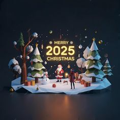 a merry christmas scene with santa claus and snowman in the middle, surrounded by trees