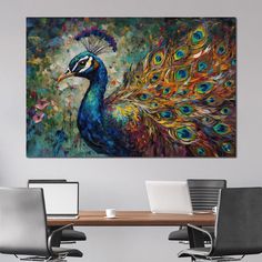 a painting of a peacock sitting on top of a table next to a laptop computer