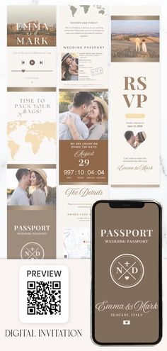 the wedding stationery is displayed on top of a phone