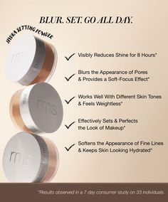 A long-wearing, talc-free, skincare-infused loose setting powder available in three sheer, soft-f... T Cake, Gluten Free Beauty Products, Loose Setting Powder, Free Skincare, Beauty Works, Makeup Spray, Gift Makeup, Different Skin Tones, Rms Beauty