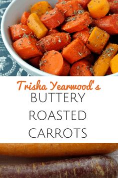 a bowl filled with roasted carrots next to a raw carrot